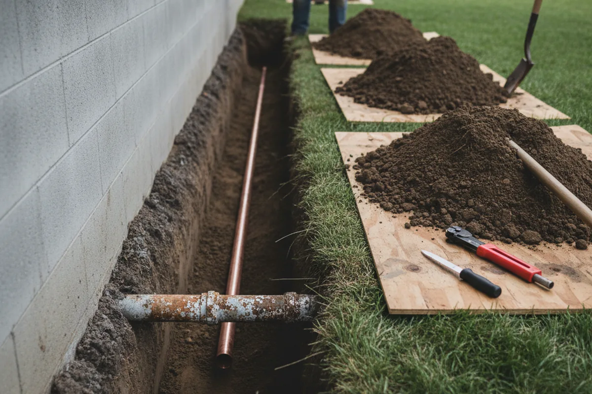 Excavated water line trench during Water Heater Repair in Menan